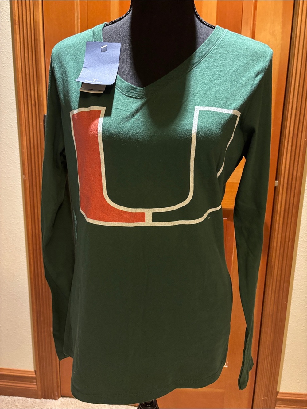 Fanatics Green Long-Sleeve V-Neck Top with University of Miami Logo, size S